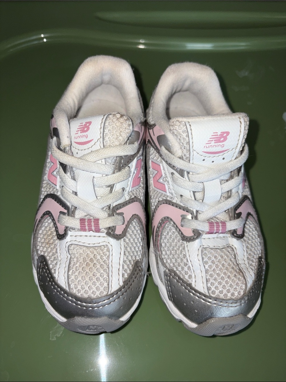 New Balance Kids White, Pink & Silver Athletic Sneakers